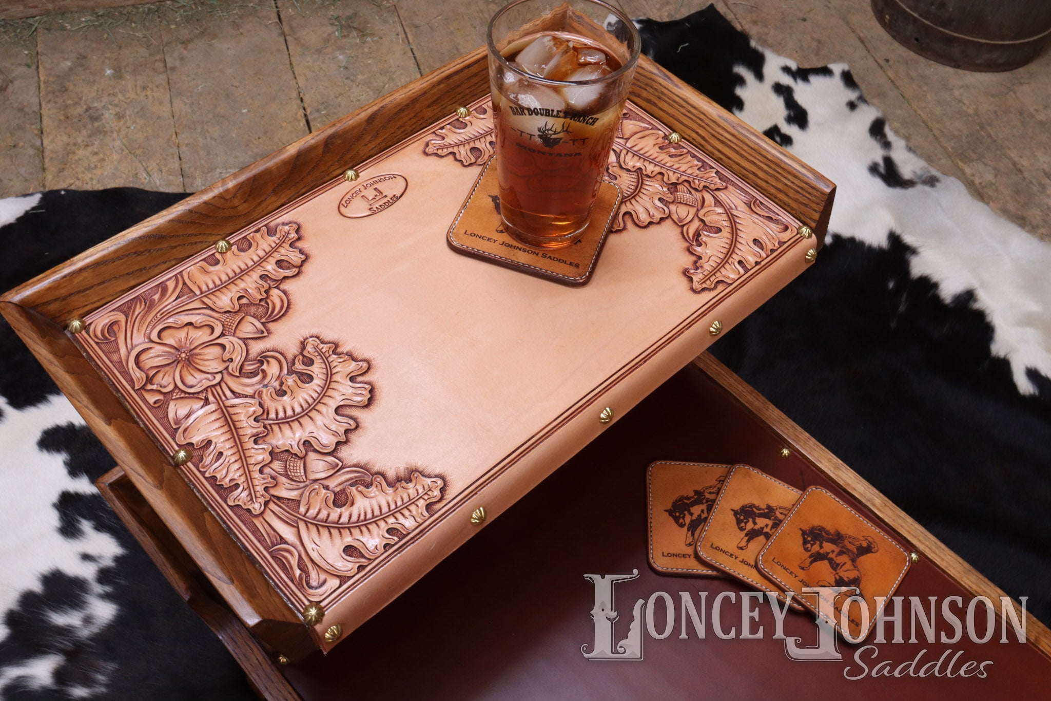 Hand Tooled Leather Lined Coffee Table