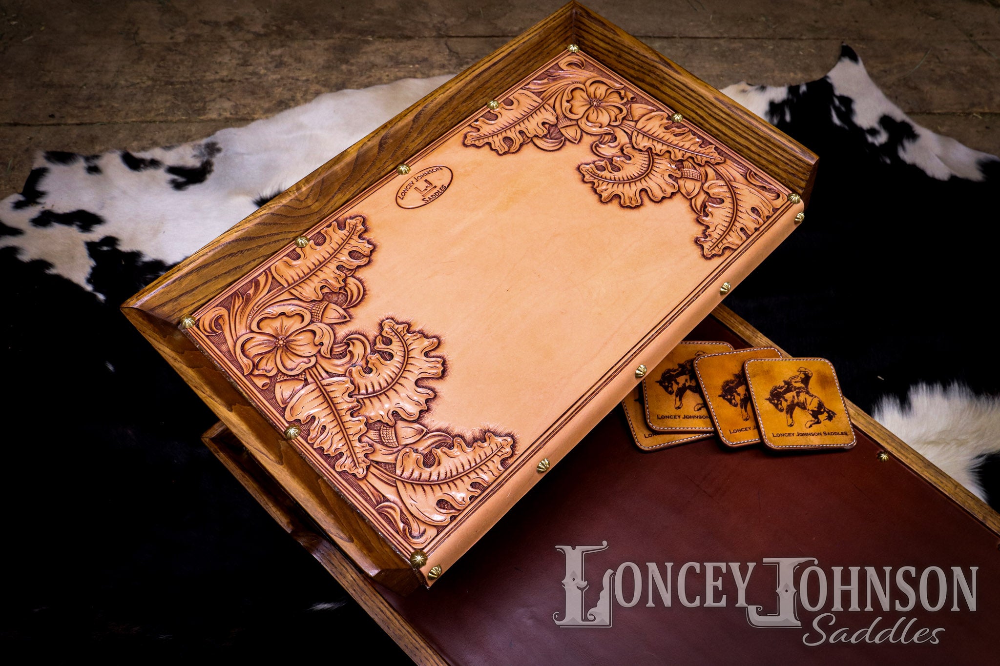 Hand Tooled Leather Lined Coffee Table
