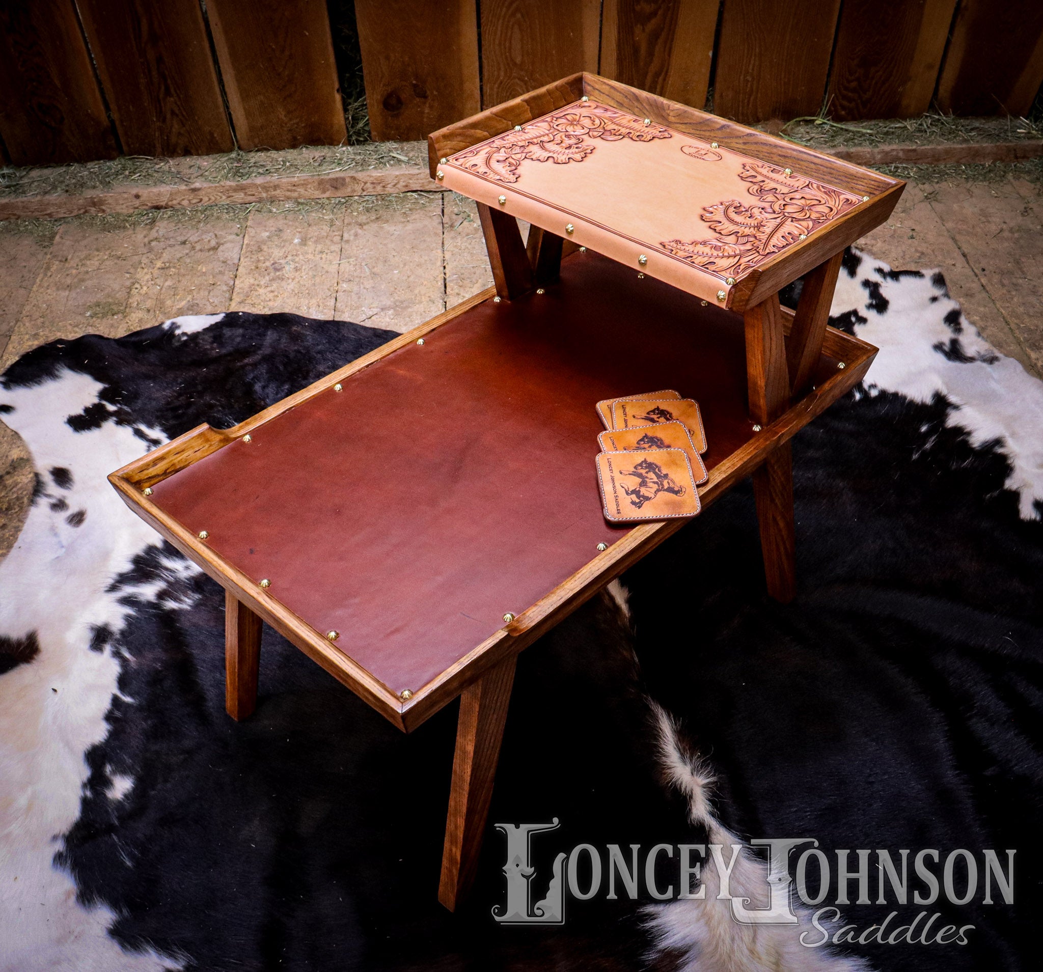 Hand Tooled Leather Lined Coffee Table