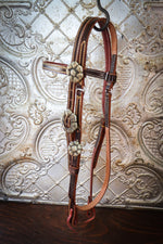 Load image into Gallery viewer, Premium Italian Leather Brow Band Headstall with Bronze Flower Conchos
