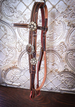 Load image into Gallery viewer, Premium Italian Leather Brow Band Headstall with Bronze Flower Conchos
