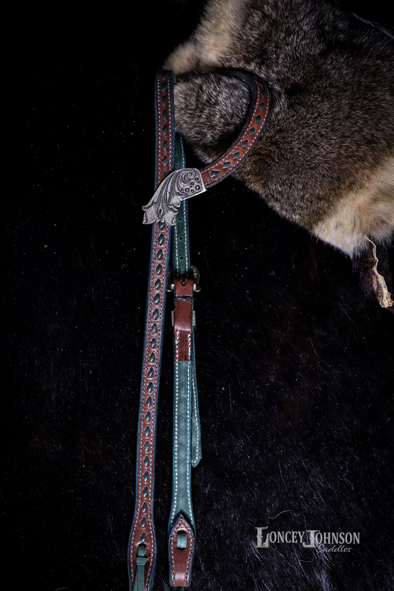 English Bridle Leather Headstall with Green Buck Stitch