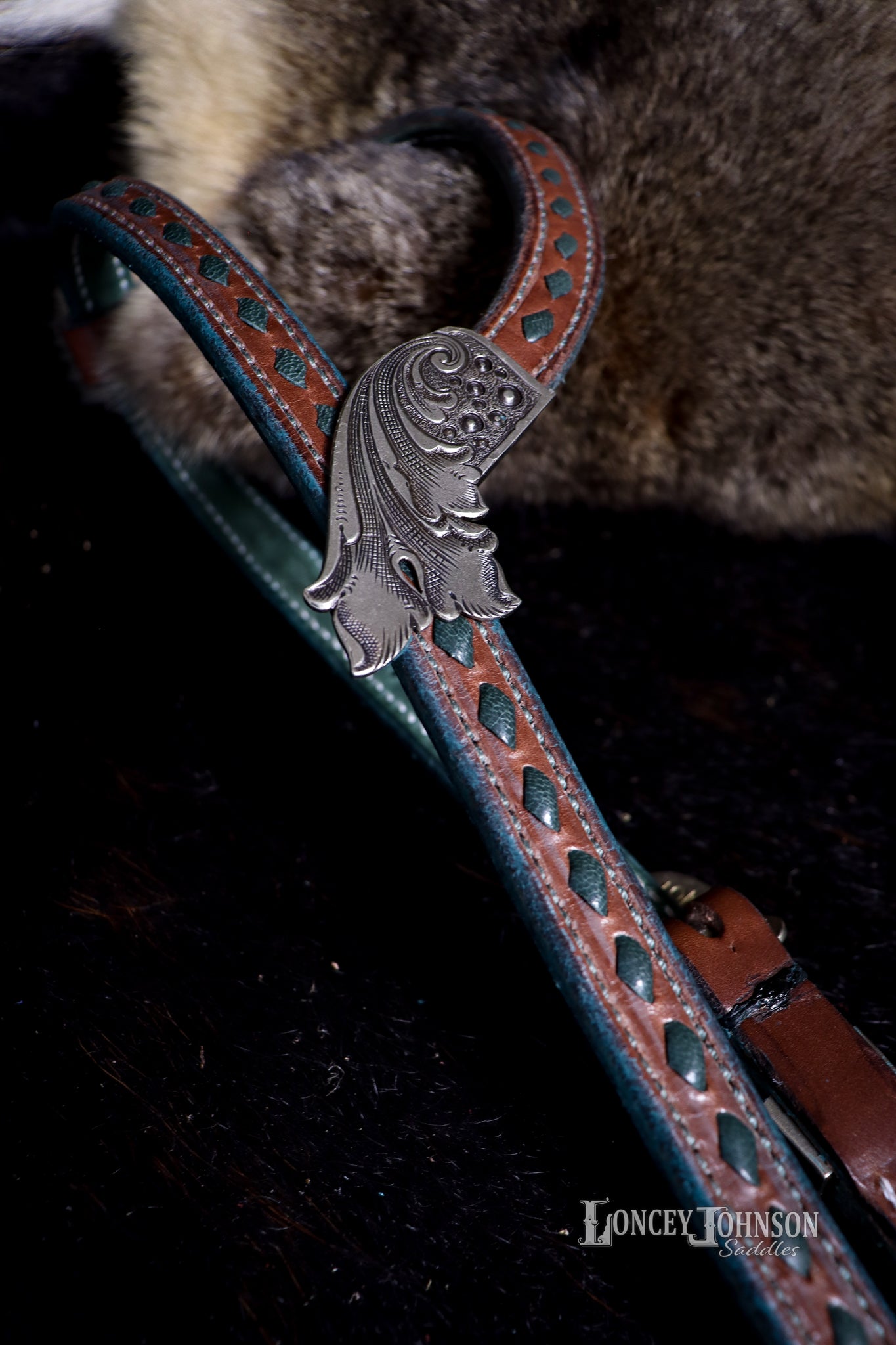 English Bridle Leather Headstall with Green Buck Stitch