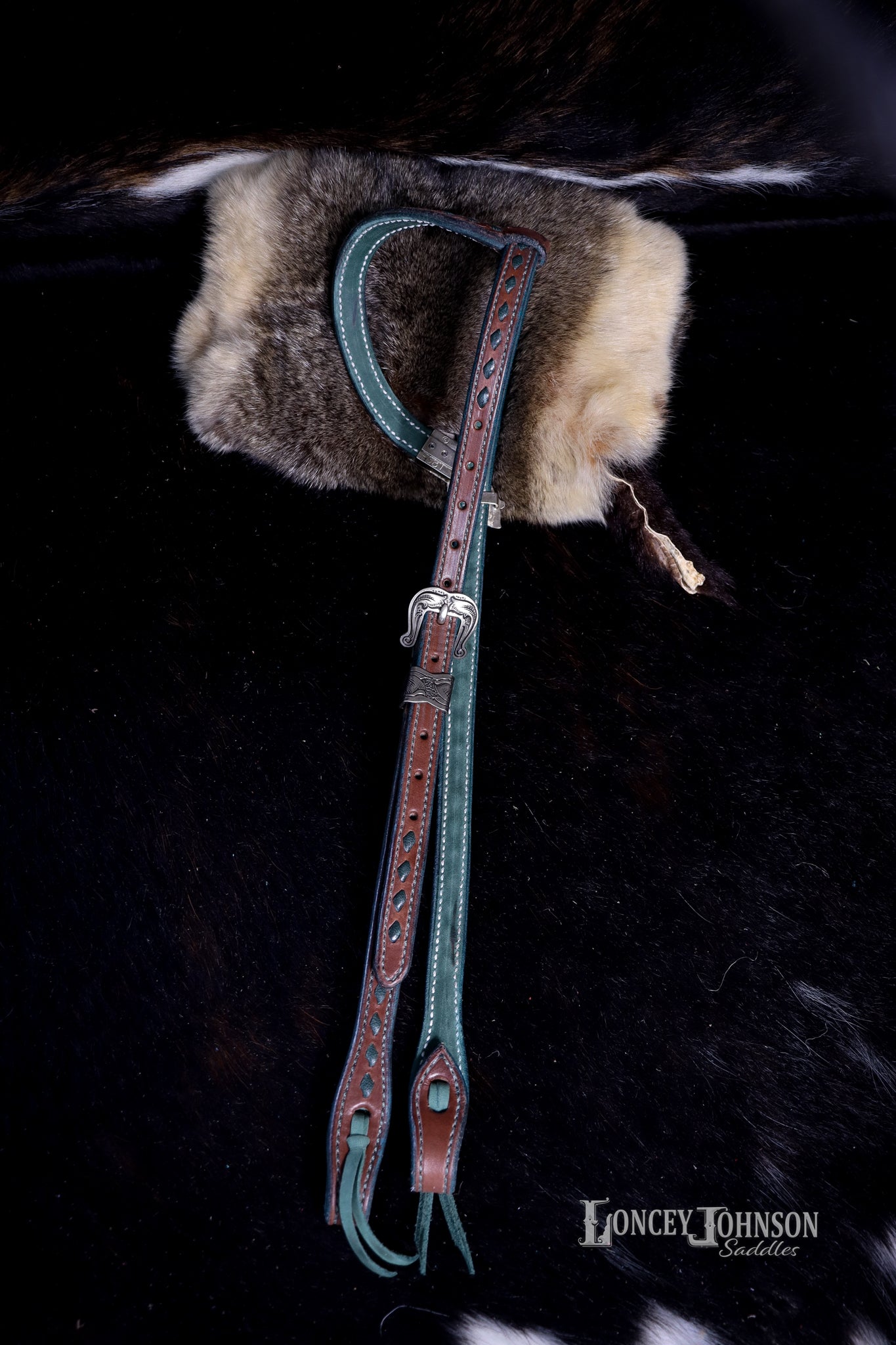 English Bridle Leather Headstall with Green Buck Stitch