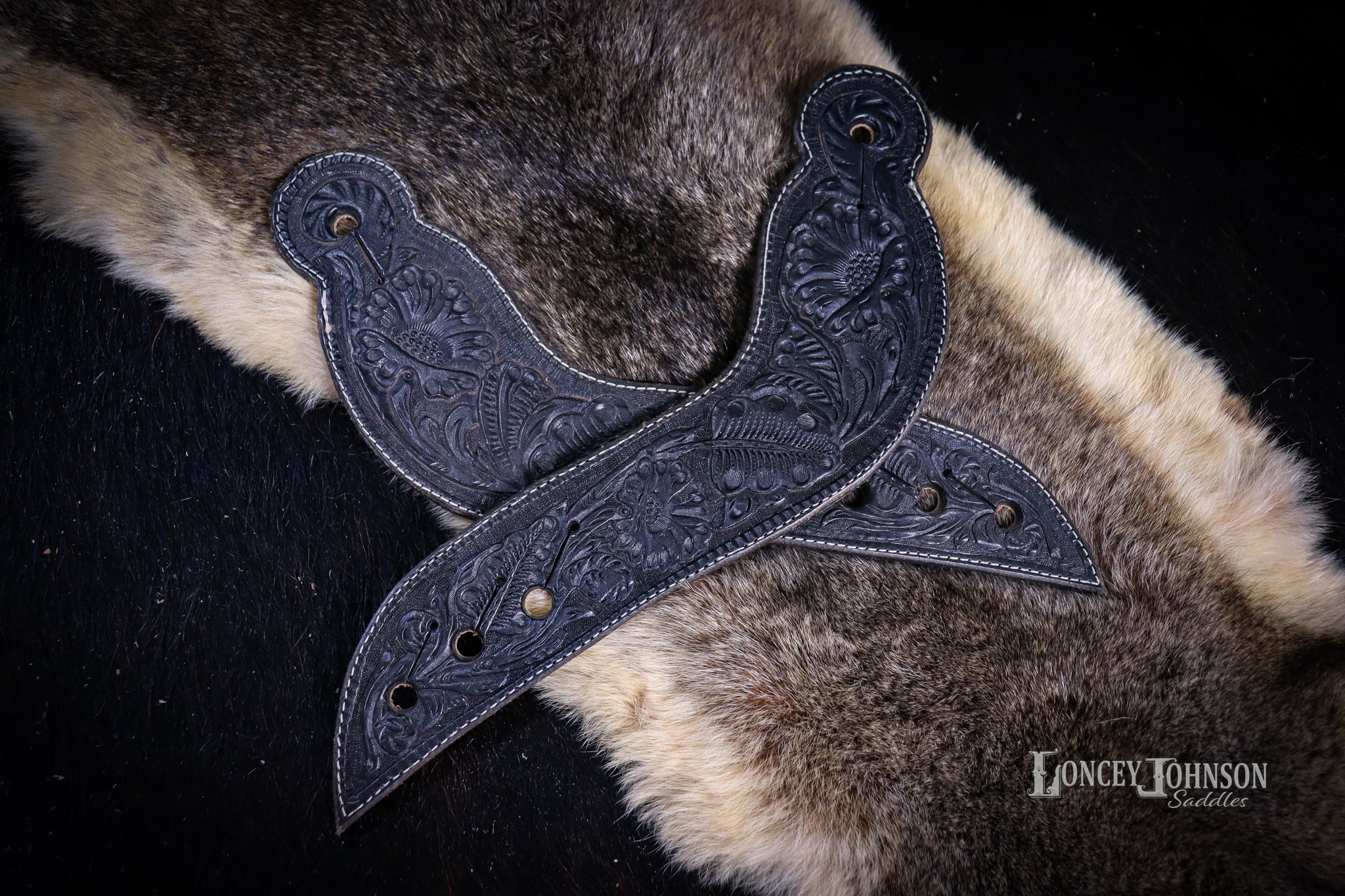 Black Tooled Leather Dove Wing Spur Straps