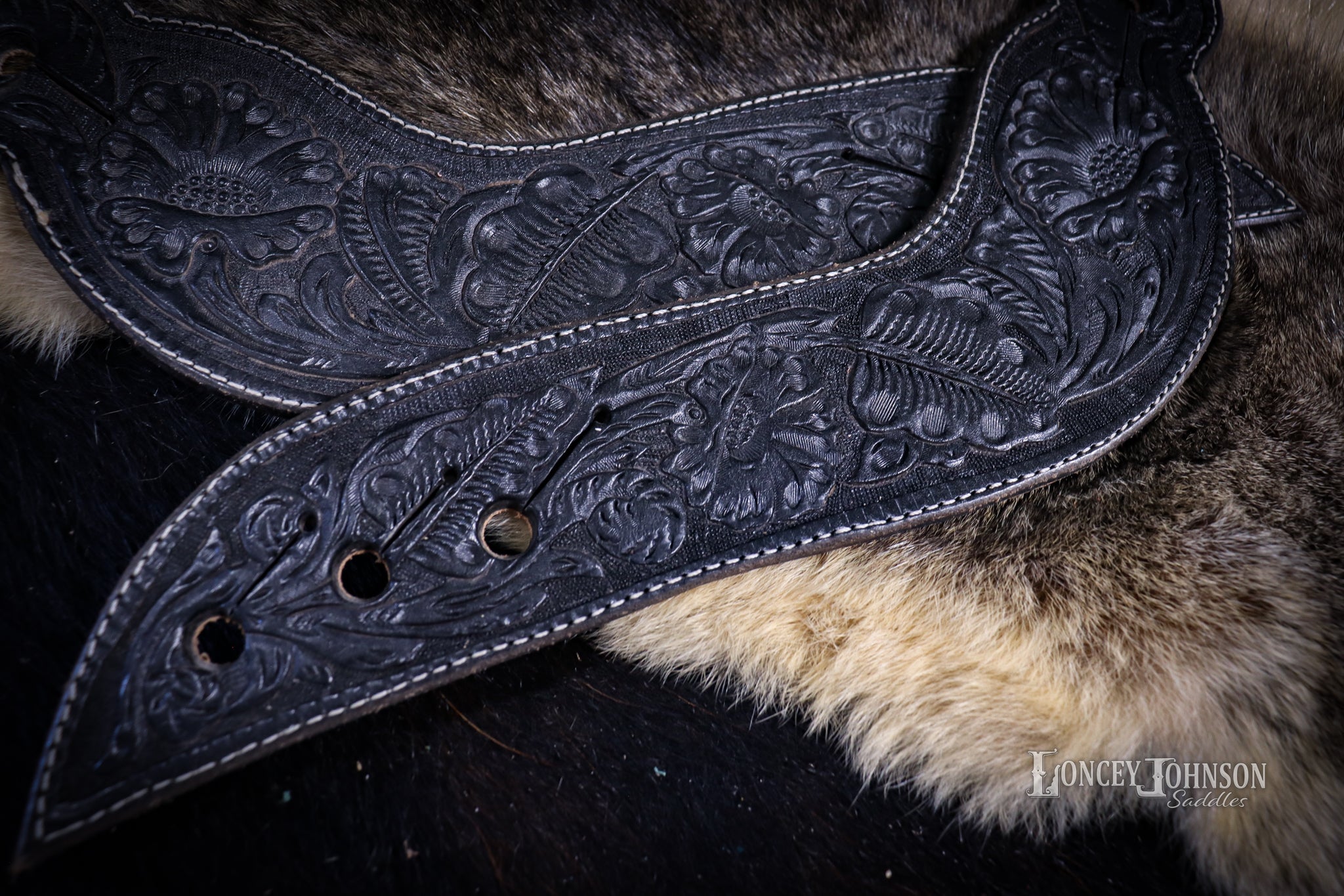 Black Tooled Leather Dove Wing Spur Straps