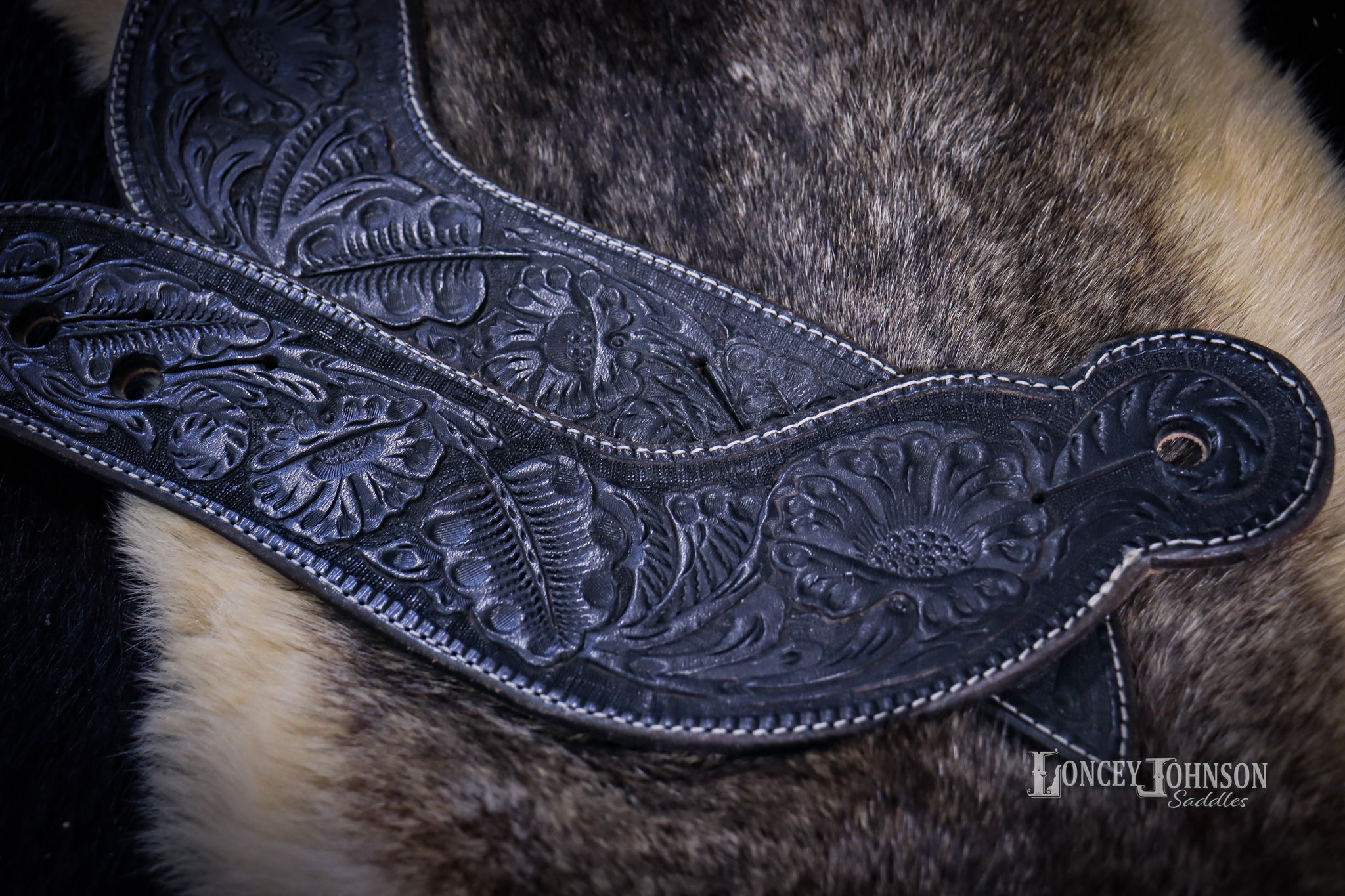 Black Tooled Leather Dove Wing Spur Straps