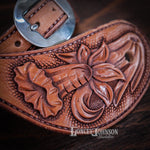 Load image into Gallery viewer, Hand Tooled Daffodil "Switchback" Spur Straps
