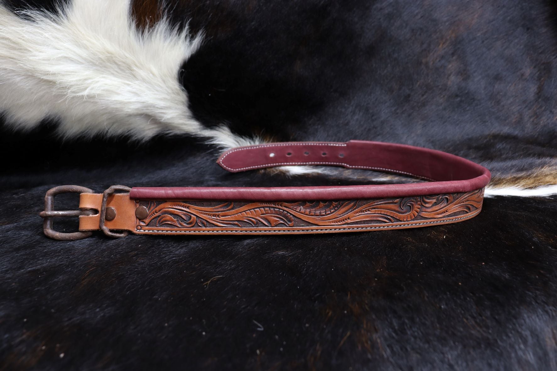 Hand Tooled leather belt with Burgundy liner and antique buckle