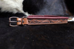 Load image into Gallery viewer, Hand Tooled leather belt with Burgundy liner and antique buckle
