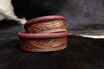 Load image into Gallery viewer, Hand Tooled leather belt with Burgundy liner and antique buckle
