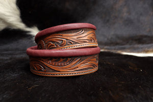 Hand Tooled leather belt with Burgundy liner and antique buckle
