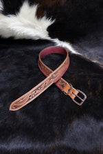 Load image into Gallery viewer, Hand Tooled leather belt with Burgundy liner and antique buckle
